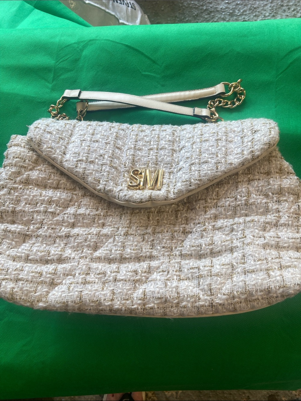 Steve Madden Quilted Tweed Cream Shoulder Bag with Gold Chain